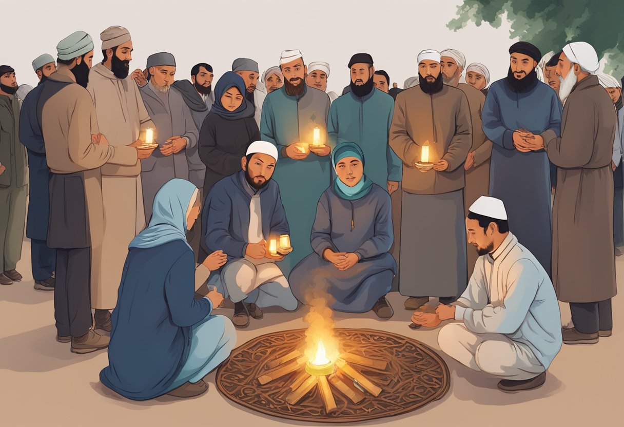 A group of people gather around a bonfire, placing candles and lanterns as they observe Shab e Barat traditions in Kazakhstan