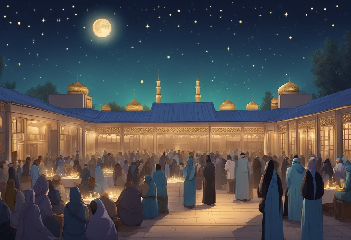 A moonlit night in Kazakhstan, with stars twinkling in the sky. A serene atmosphere with people gathered for Shab e Barat 2024