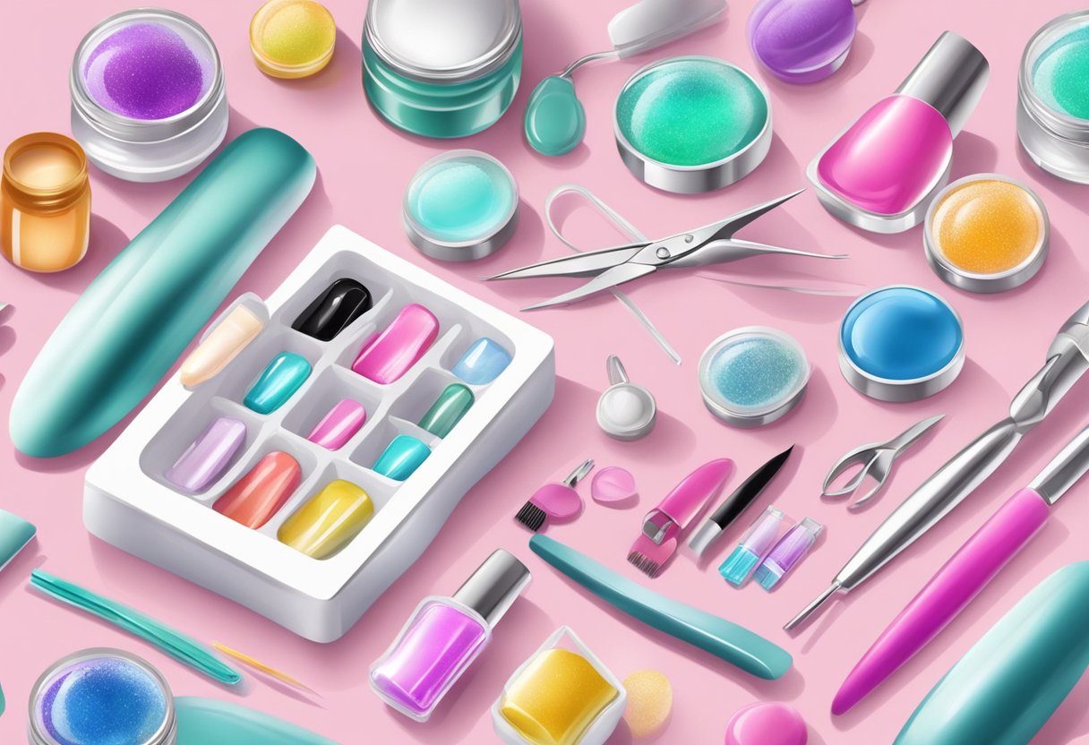 A salon table with gel nail extension supplies and tools