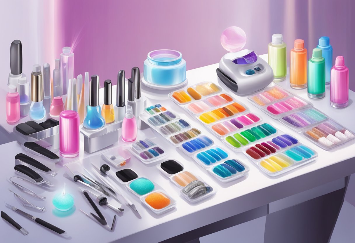 A salon table with gel nail extension supplies neatly arranged, including UV lamps, nail forms, and various gel colors
