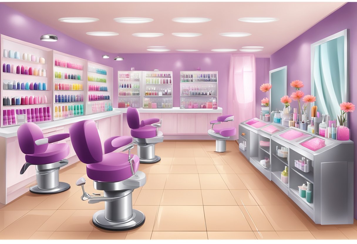 A nail salon with various nail enhancement products and tools displayed, with warning signs about cancer risks
