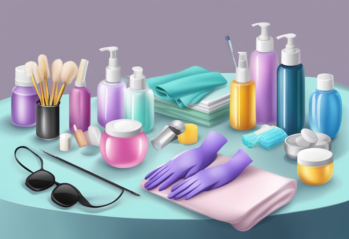 A table with gloves, masks, and sanitizing supplies for manicurist