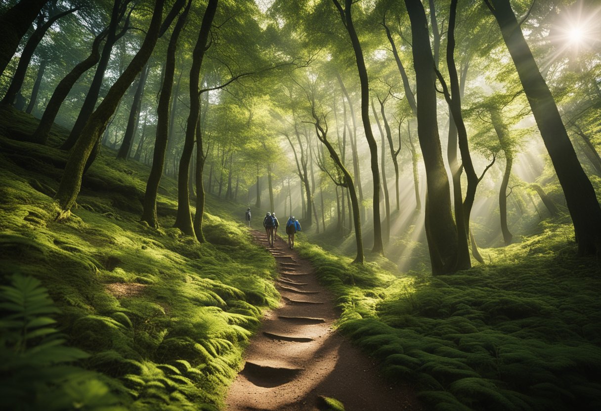 Hikers ascend a winding trail through lush forest toward the summit of Miranjani, with sunlight filtering through the canopy
