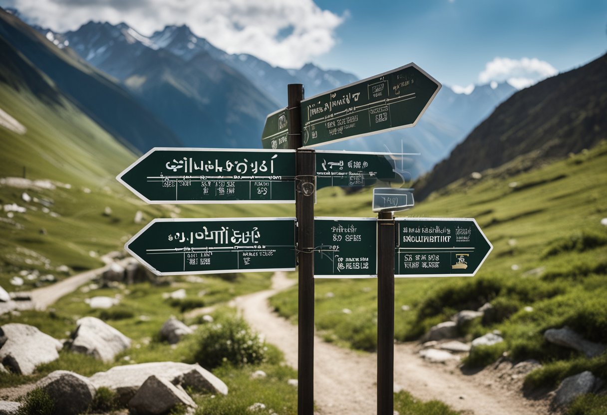 The scene shows a mountainous trail with signposts for Mushkpuri and Miranjani treks