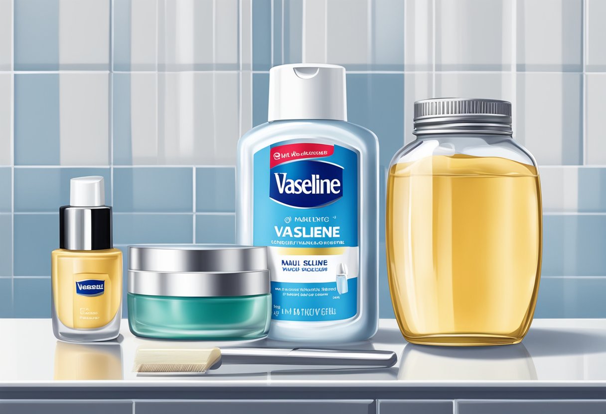 A jar of Vaseline sits on a bathroom counter, next to a bottle of nail polish and a nail file