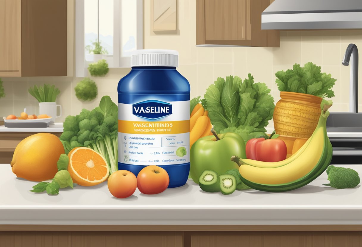 A jar of Vaseline sits on a clean, organized kitchen counter next to a plate of fresh fruits and vegetables. A nutrition chart with key vitamins and minerals for nail growth is pinned to the wall