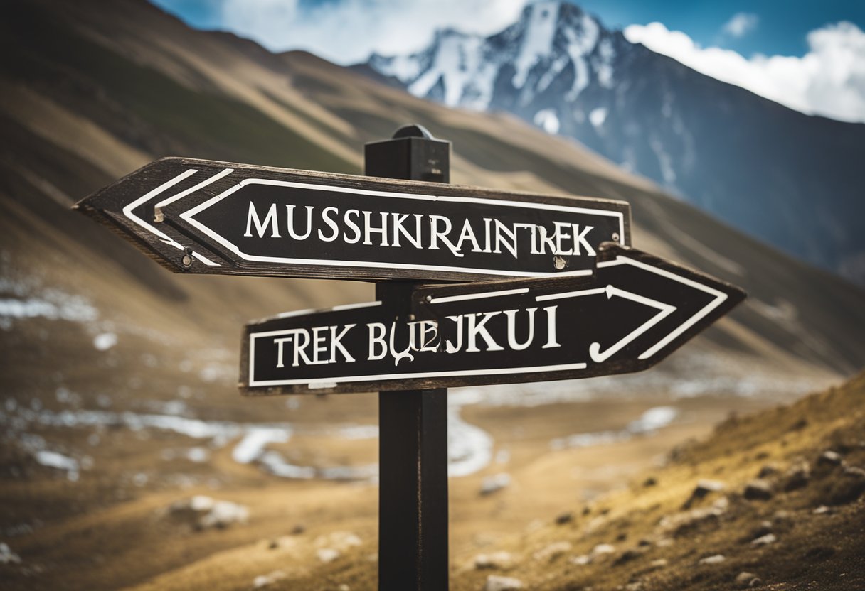 A signpost at a crossroads, one arrow pointing towards "Mushkpuri Trek" and another towards "Miranjani Trek."