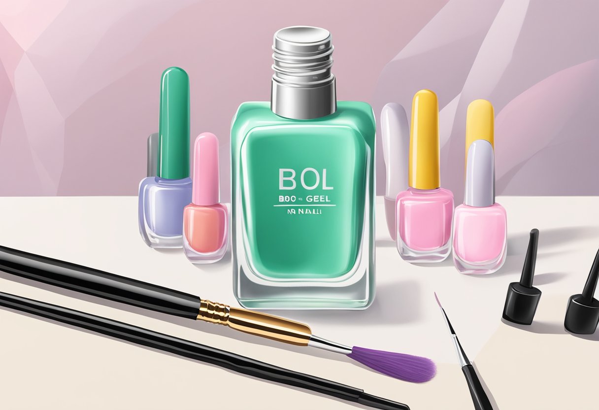 A clear bottle of bio gel nail polish sits on a marble countertop next to a small brush and a set of colorful nail tips