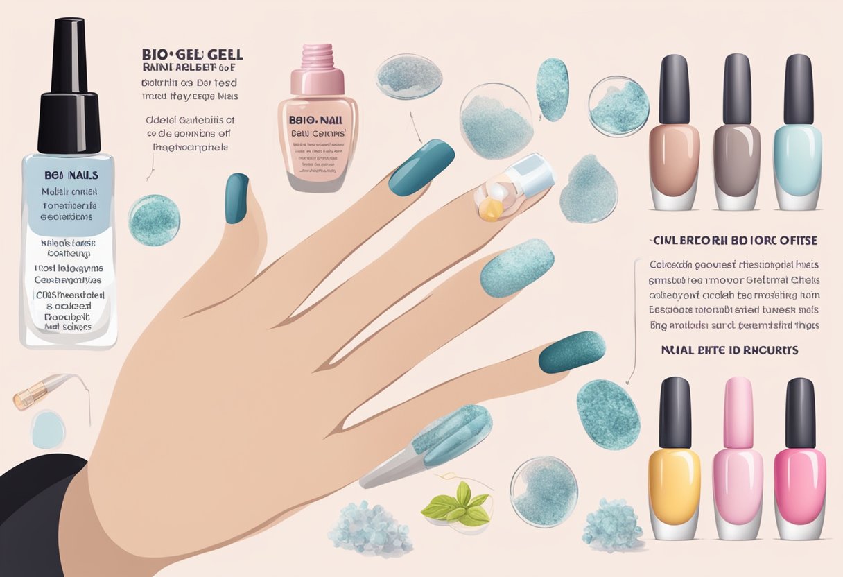 A hand holding a bottle of bio gel nail polish, surrounded by images of healthy nails and text describing the benefits of bio gel nails