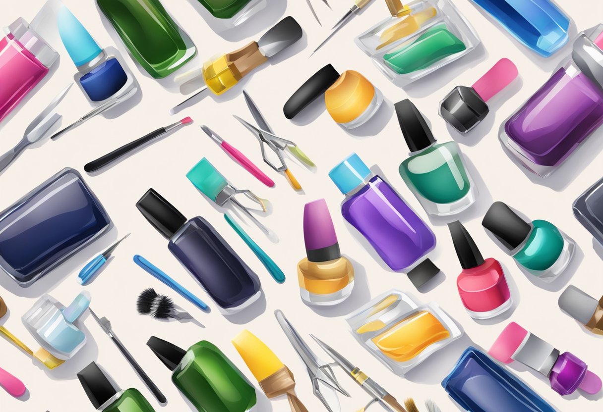 A table with various nail tools and equipment, including bottles of bio gel and brushes. Different colored nail tips and swatches are scattered around for reference