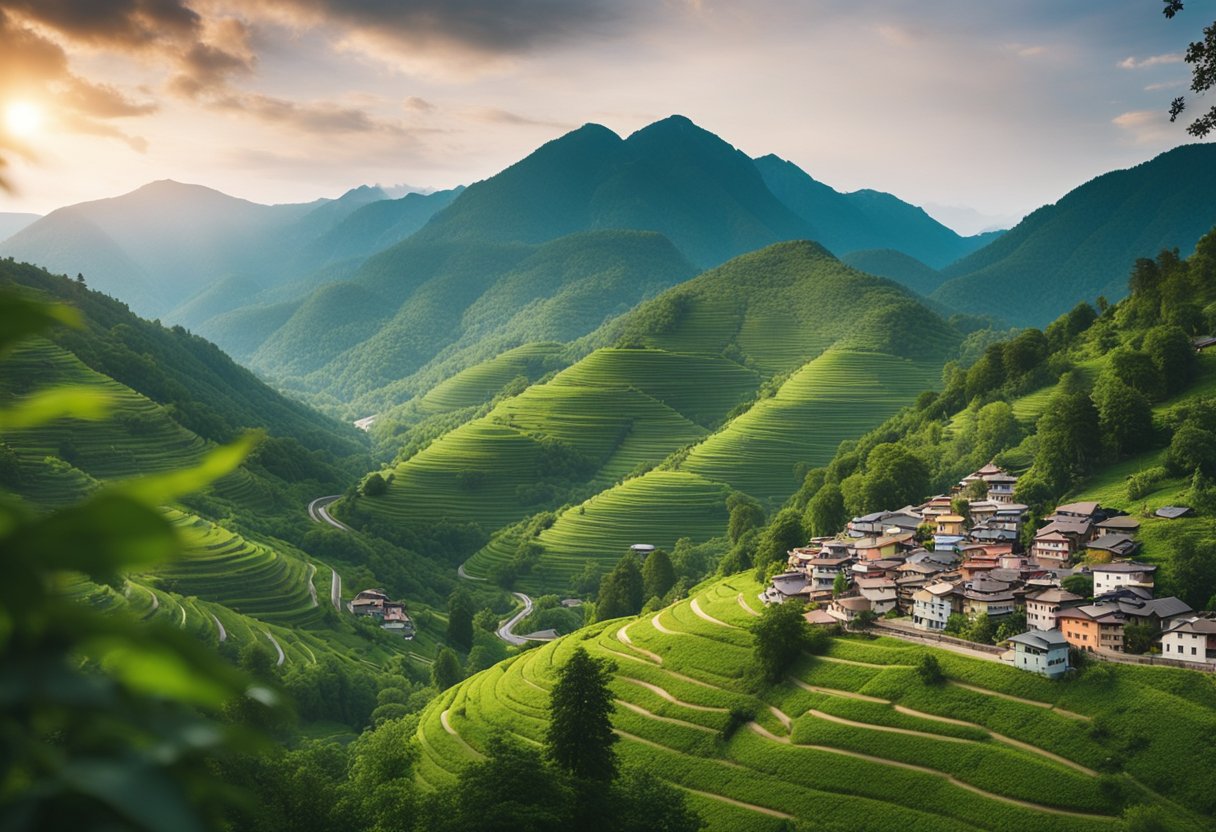 A serene mountain village with colorful houses nestled among lush green trees and a winding road leading to a distant peak