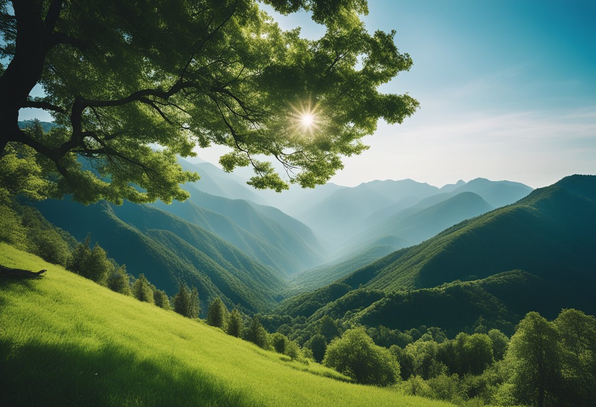 Lush green mountains rise above a serene valley, with a clear blue sky and a gentle breeze rustling through the trees