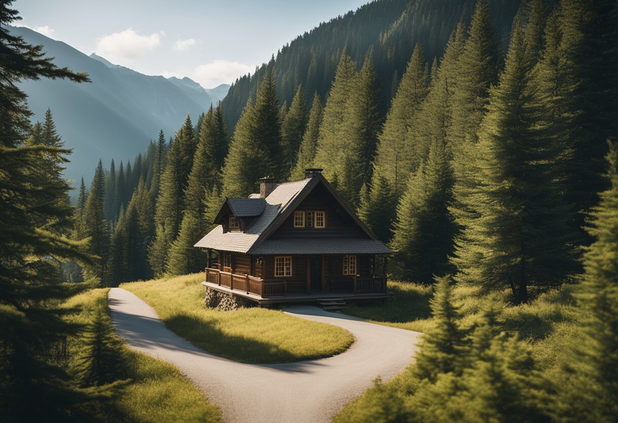 A serene mountain landscape with a cozy cabin, surrounded by lush greenery and tall pine trees, with a clear blue sky and a winding road leading to the horizon
