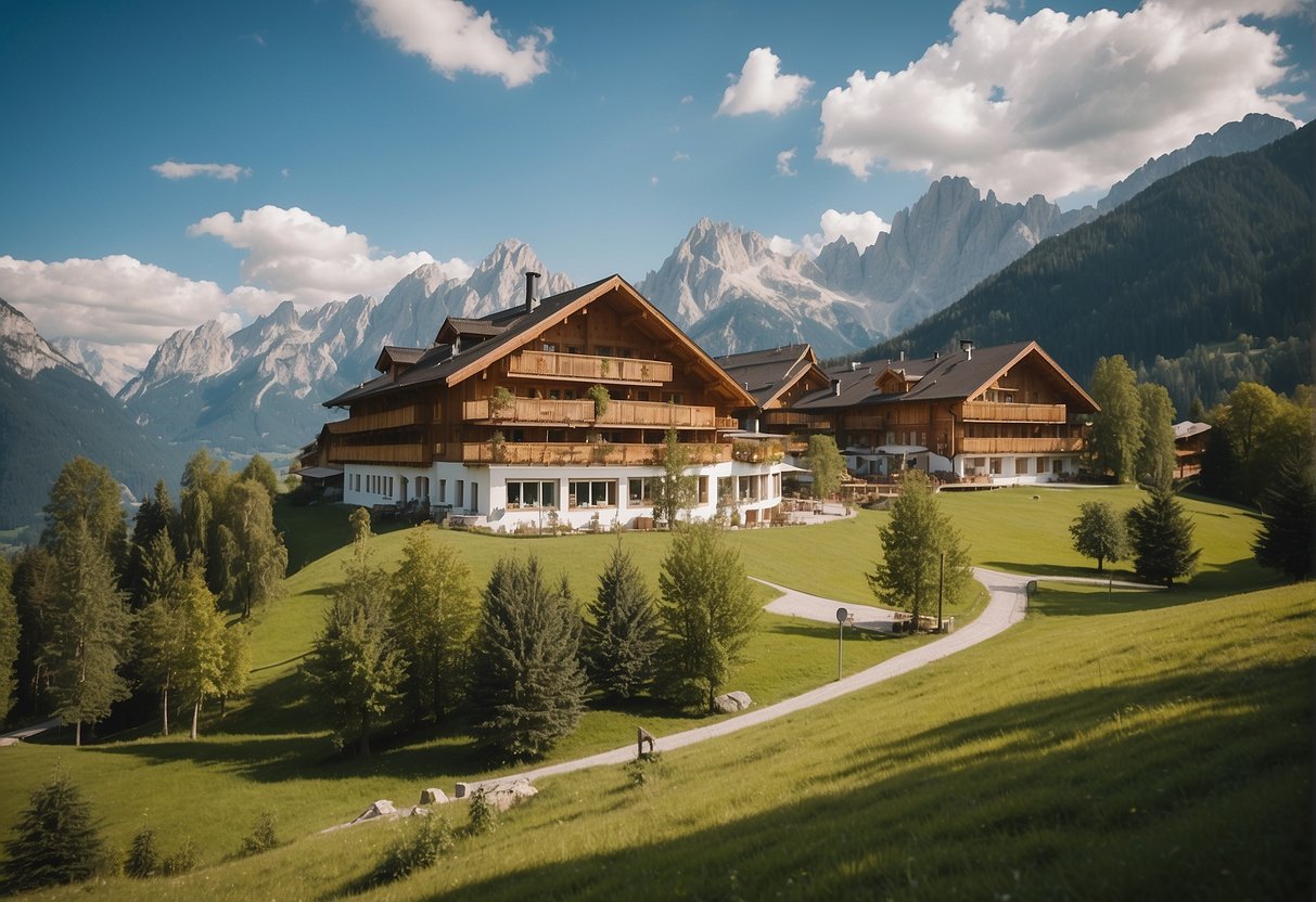A serene landscape of the Bio Hotel Ramsauhof in Ramsau am Dachstein, surrounded by the picturesque scenery of the Steiermark region