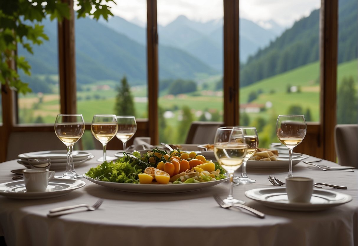 A table set with organic, locally sourced food at Ramsauhof Bio Hotel in Styria, Austria. The picturesque mountain landscape is visible through the window