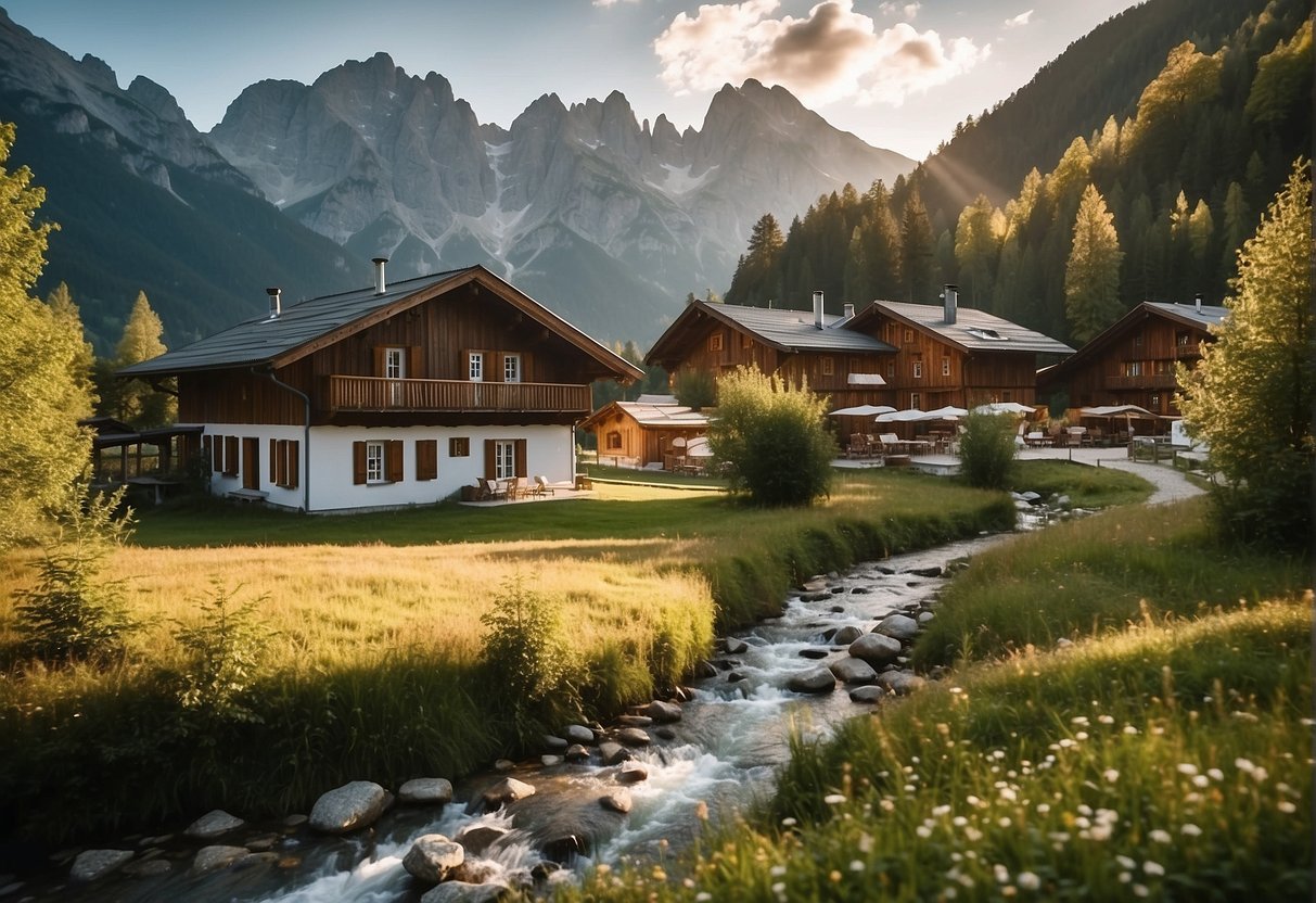 A serene landscape with a bio hotel nestled in the picturesque Ramsau am Dachstein, surrounded by lush greenery and the majestic peaks of the Steiermark region