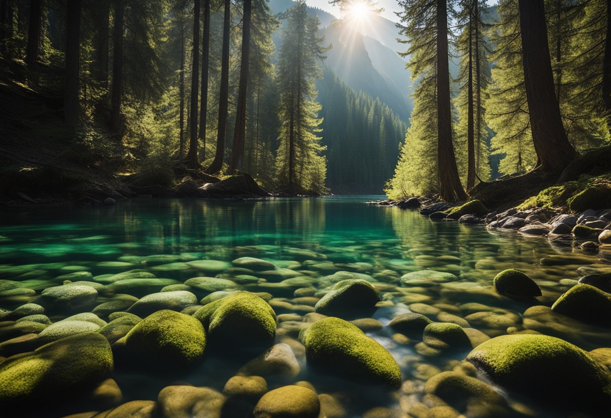 Sunlight filters through lush pine trees, casting dappled shadows on the crystal-clear waters of the Kumrat Valley river