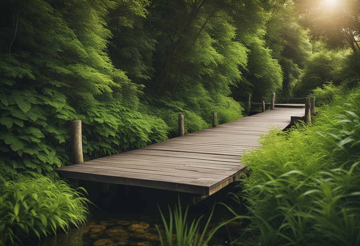 A wooden pier extends into calm waters, surrounded by lush greenery. Accessible by a narrow path leading from a small clearing