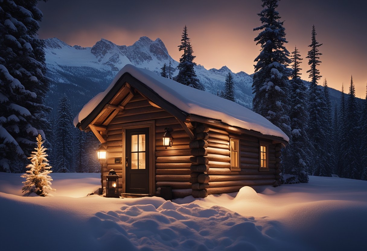 A cozy cabin nestled in the snowy mountains, with a warm fire burning inside and a flickering lantern hanging by the door