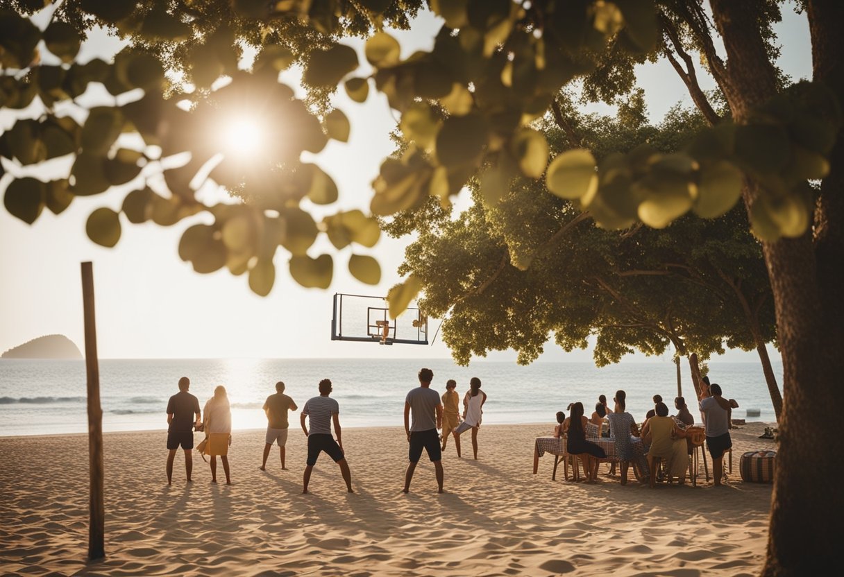 People playing volleyball on the beach, others swimming in the sea, and a group having a picnic under a shady tree