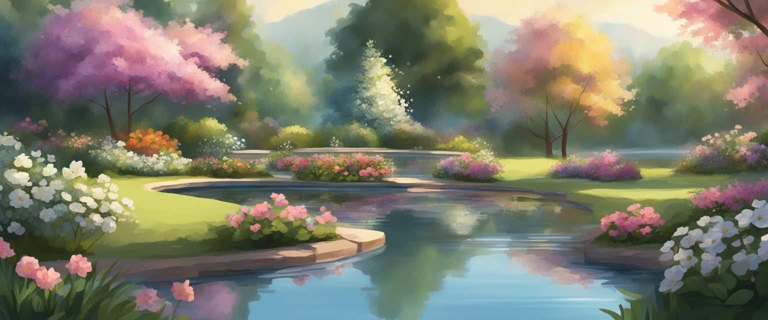 A peaceful garden with blooming flowers and a tranquil pond, surrounded by trees and bathed in soft sunlight