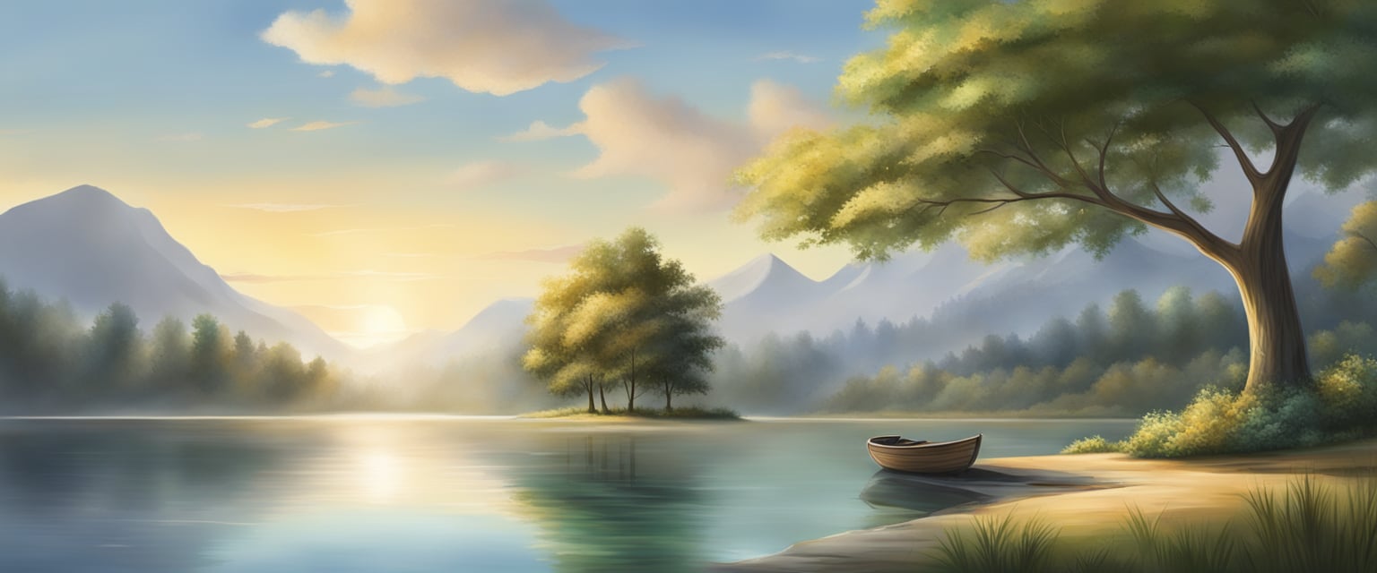 A serene setting with a calm atmosphere, featuring elements of nature and peaceful surroundings, evoking a sense of tranquility and focus