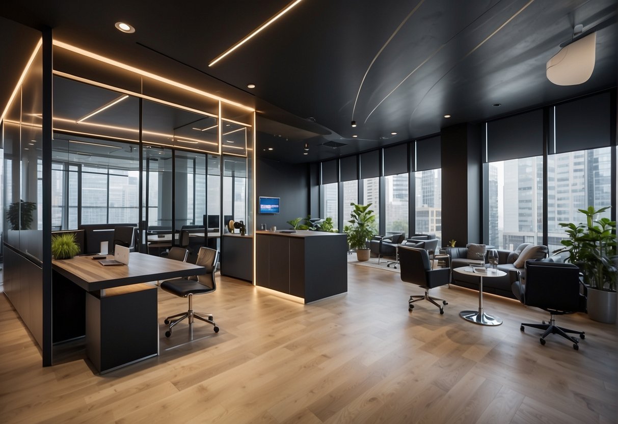 A sleek, modern office space with the Groq logo prominently displayed on the wall. Various high-tech products and services are showcased on sleek, minimalist display stands