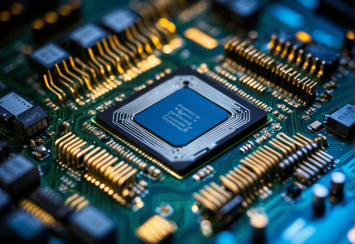A computer chip, labeled "Groq," sits on a circuit board surrounded by other electronic components. The chip is illuminated by a soft, blue light, and data streams are depicted flowing through its intricate pathways