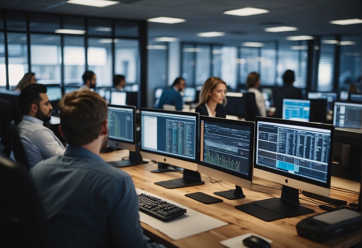 A bustling office with employees using AI applications on computers and discussing various use cases