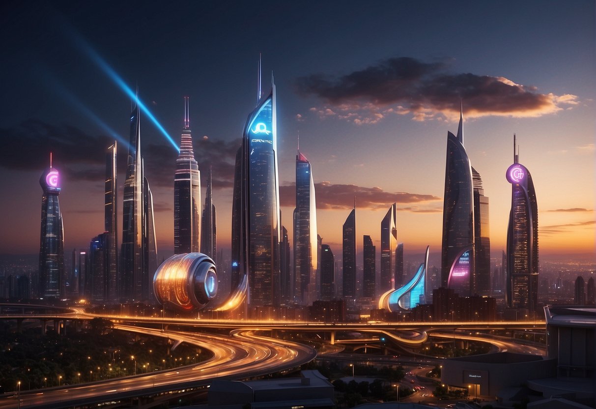A futuristic city skyline with Groq's logo prominently displayed on a towering building amidst a bustling landscape of high-tech architecture and glowing neon lights