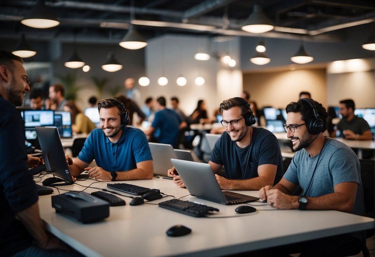 A bustling tech hub with developers collaborating, sharing resources, and engaging in community events at Groq