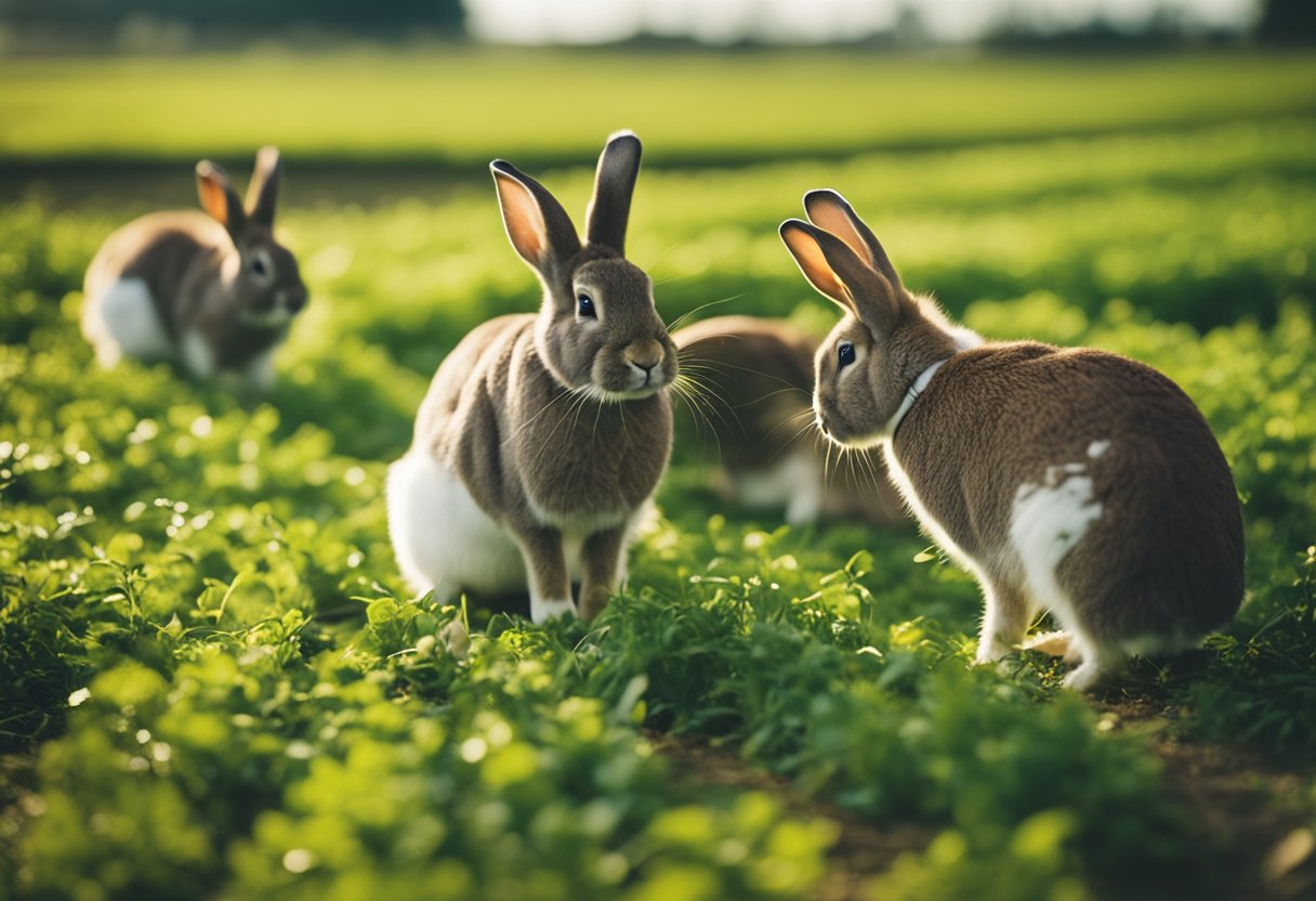 Rabbits grazing in lush green fields, with spacious and clean hutches, a well-organized feeding and watering system, and a knowledgeable farmer providing care and attention