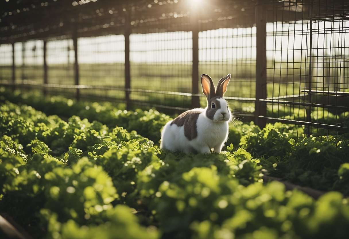Rabbits hopping in a spacious, well-ventilated farm with clean cages, abundant food, and water. A farmer observing their healthy and thriving condition