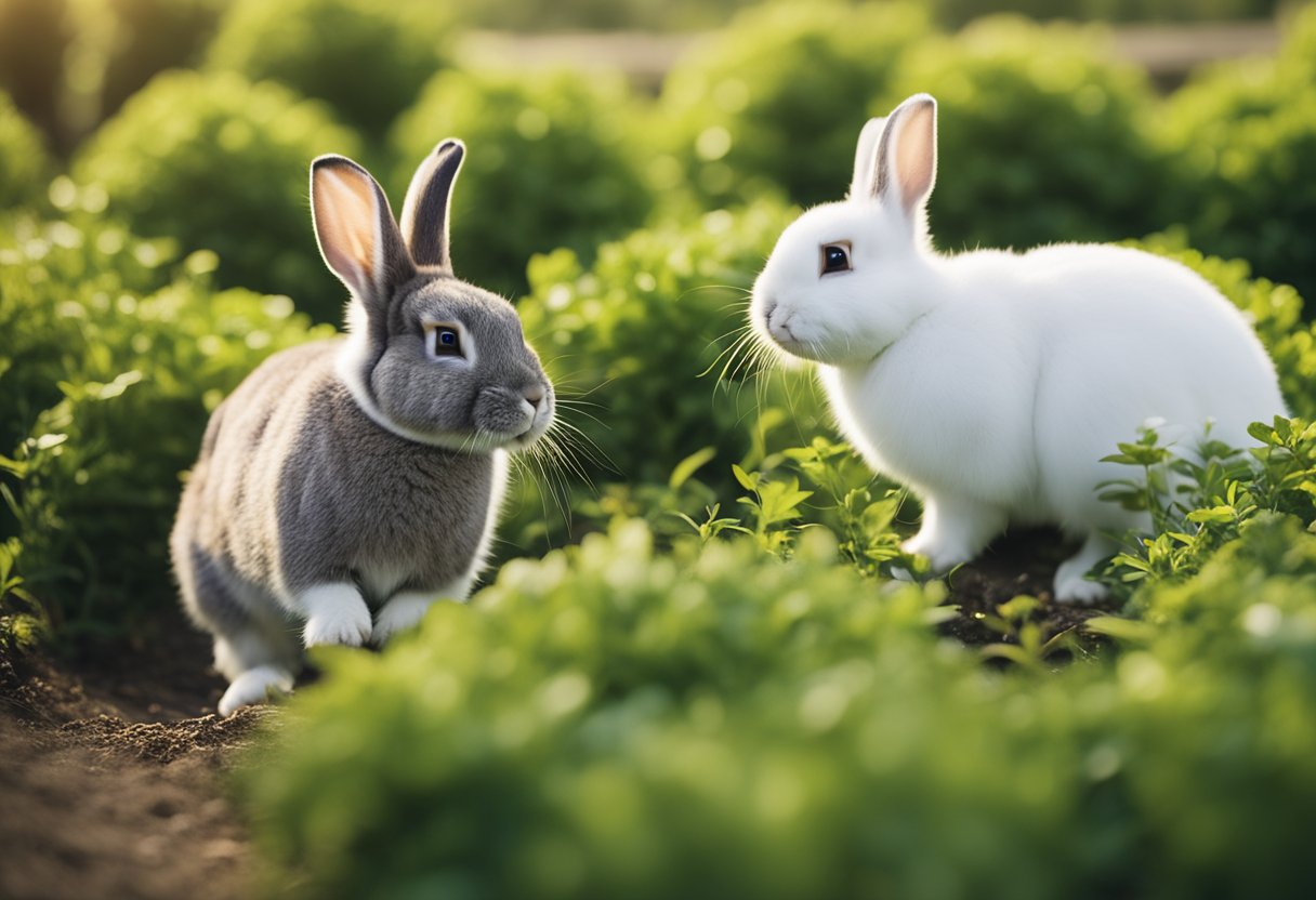 Rabbits hopping in a well-organized farm setting, with signs of economic prosperity and successful business planning evident