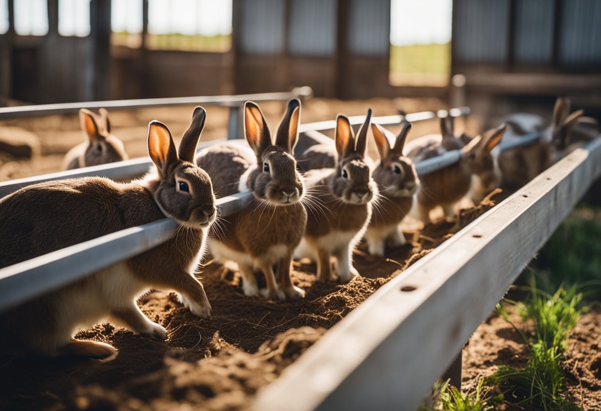 Rabbits eating from troughs in a clean, spacious barn with natural light and ventilation. Farmers checking on the rabbits, ensuring proper feeding and care