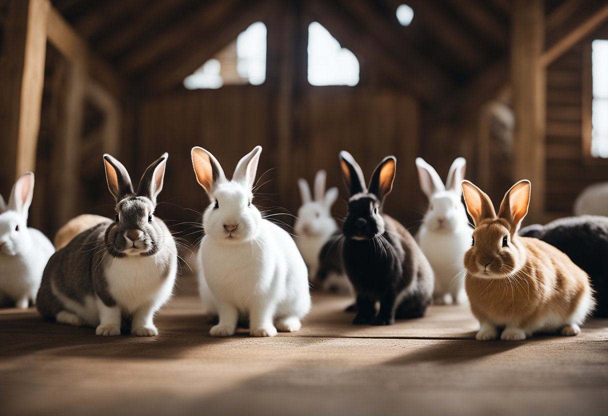 Rabbits of various breeds and colors are gathered in a spacious, clean, and well-lit barn. Each rabbit appears healthy and well-cared for, with ample space to move and play