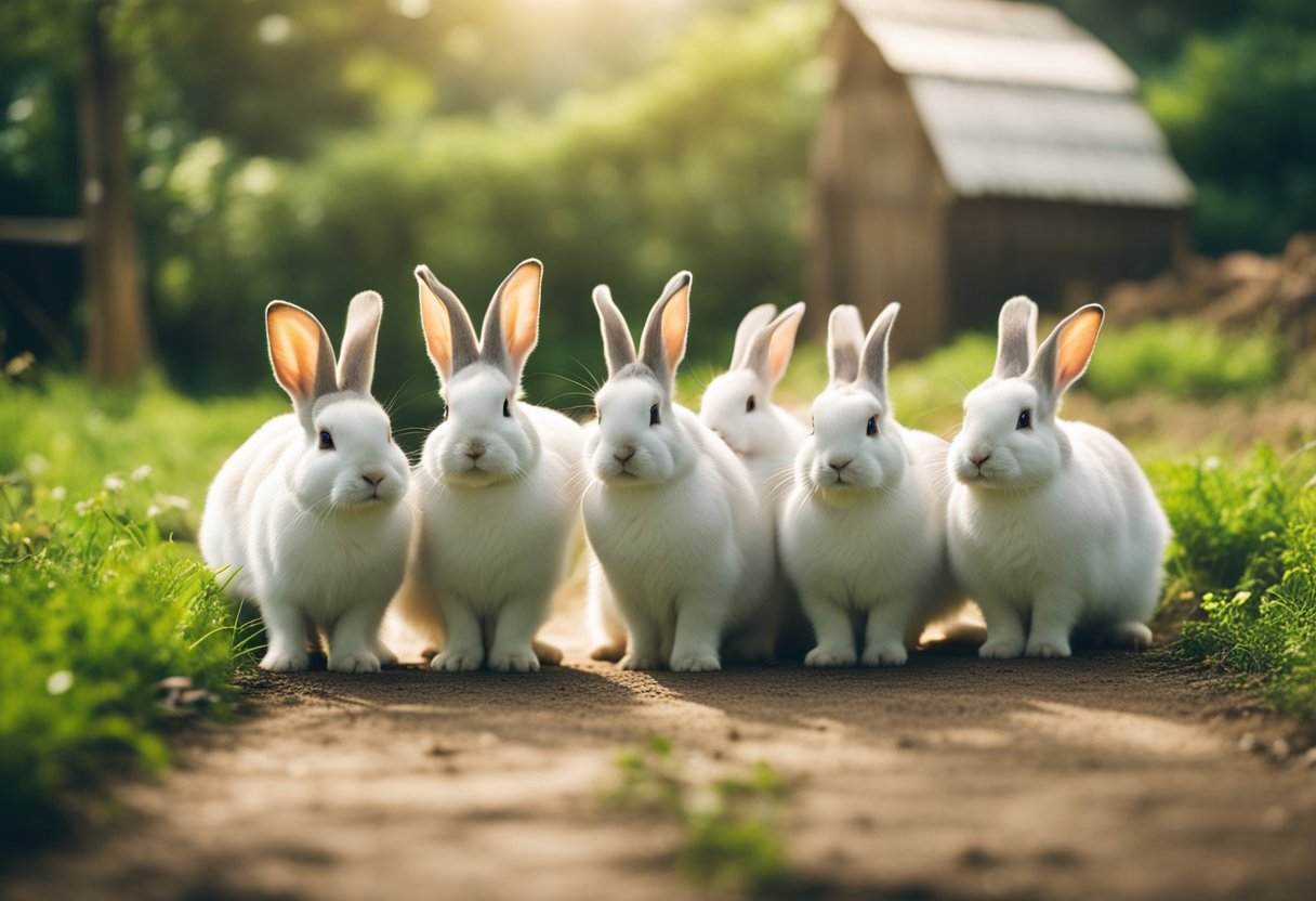 A group of healthy rabbits in a spacious and well-maintained farm, surrounded by lush greenery. A signboard displays the 10 key secrets to successful rabbit farming