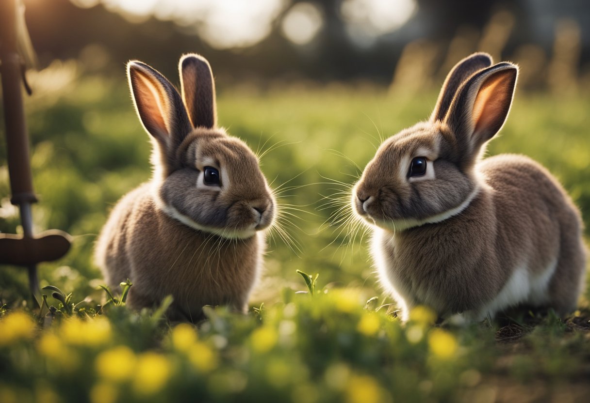 Rabbits thriving on a farm, multiplying and growing in number, with a backdrop of agricultural tools and equipment