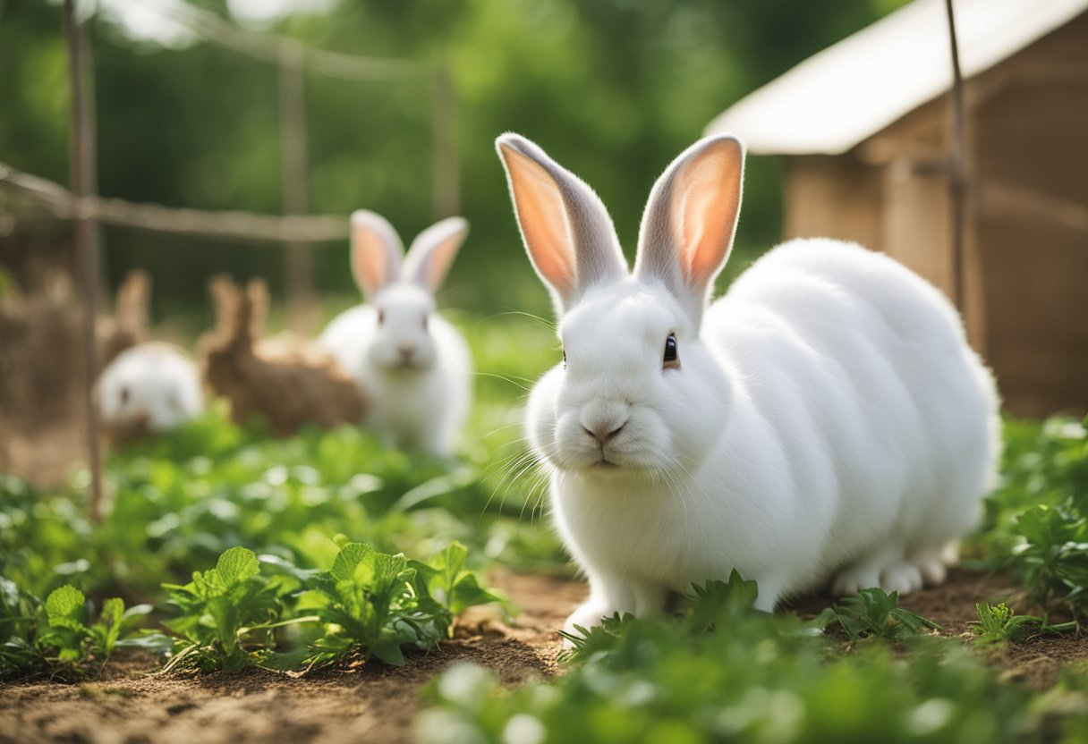 Rabbits thriving in a well-maintained farm setting, with proper housing, feeding, and healthcare practices in place. The farm is efficiently managed, with clean and organized facilities, and happy, healthy rabbits