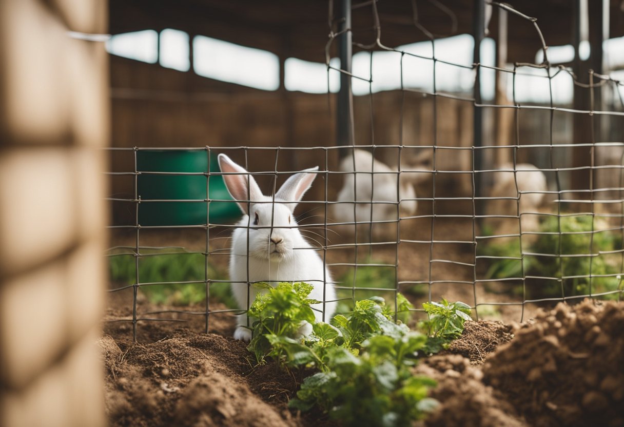 A thriving rabbit farm with spacious, clean enclosures, organic feed, and efficient waste management. Happy, healthy rabbits roam freely in a sustainable and ethical environment