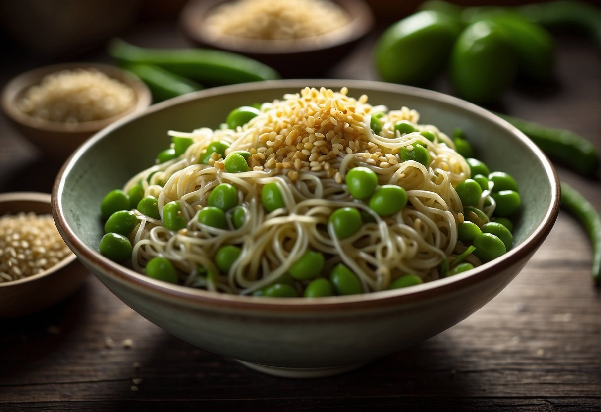 A bowl of edamame noodles steaming on a wooden table, garnished with fresh green onions and sesame seeds
