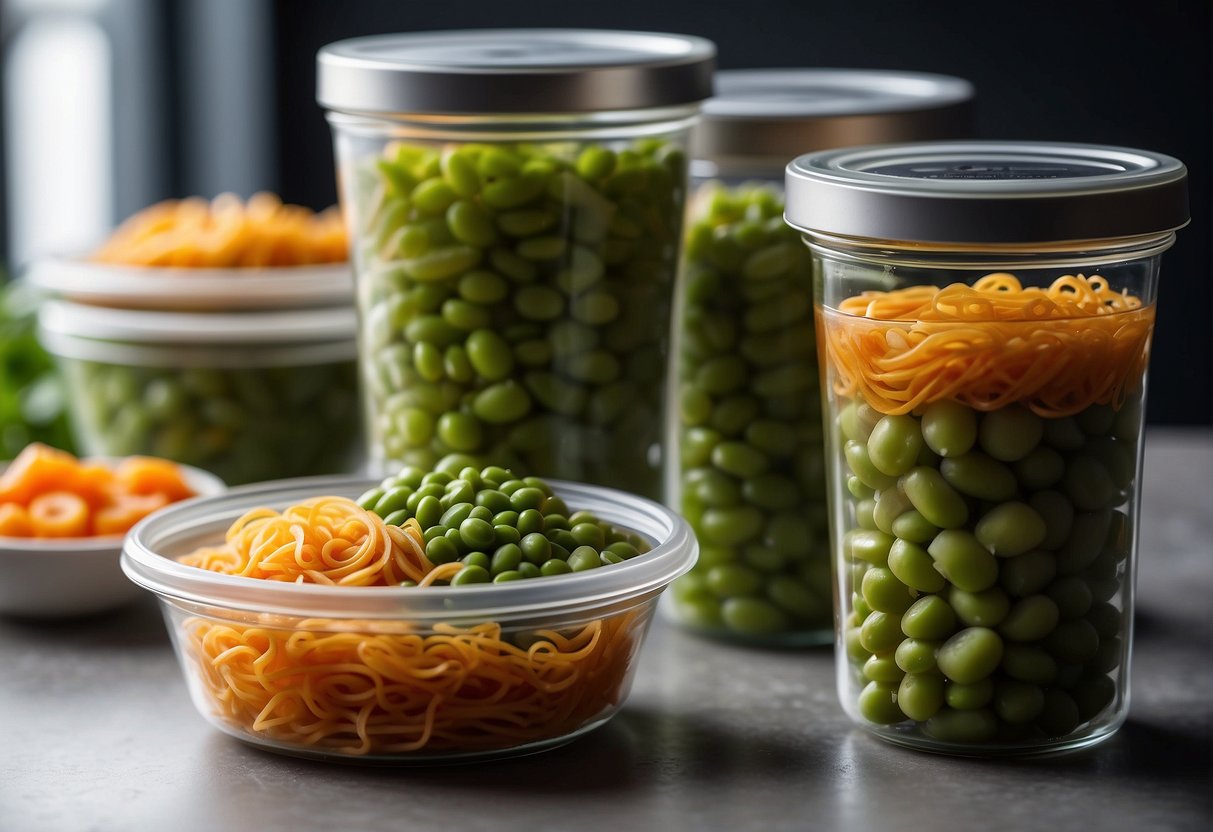 Edamame noodles arranged in airtight containers. Ingredients like vegetables and sauce neatly organized nearby for meal prep