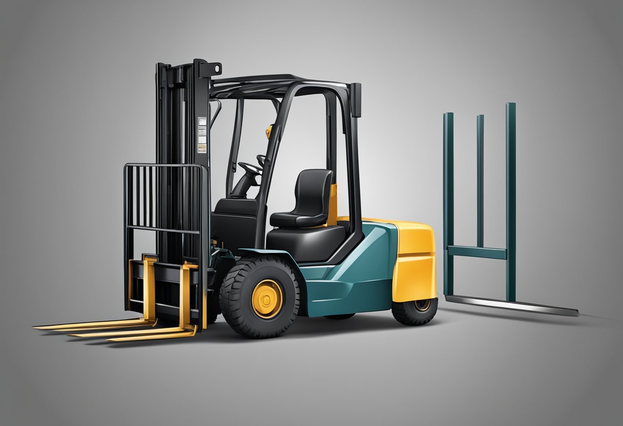 Forklift forks made of strong steel, with a thick, rectangular shape and two pointed tips. They are attached to the lift truck and used for lifting and carrying heavy loads