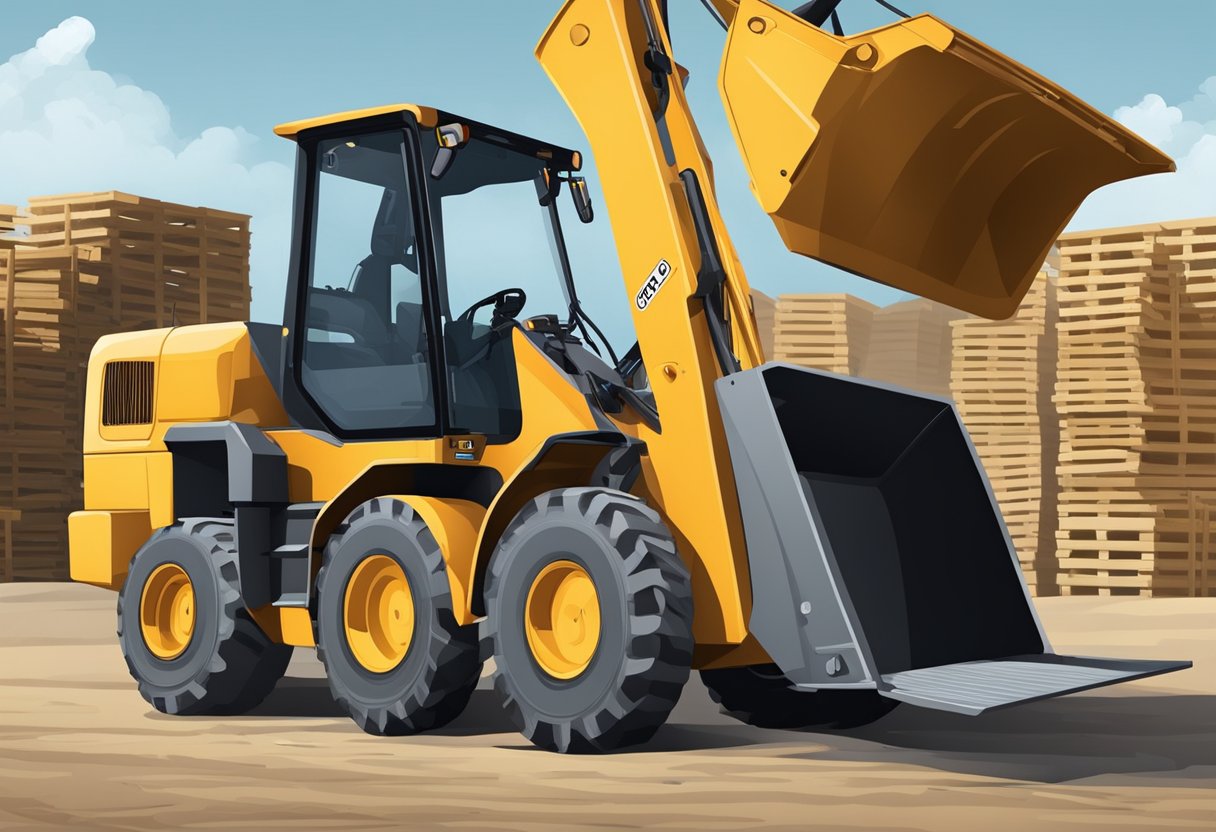 A loader with a bucket attachment and pallet forks attached, ready for use on a construction site