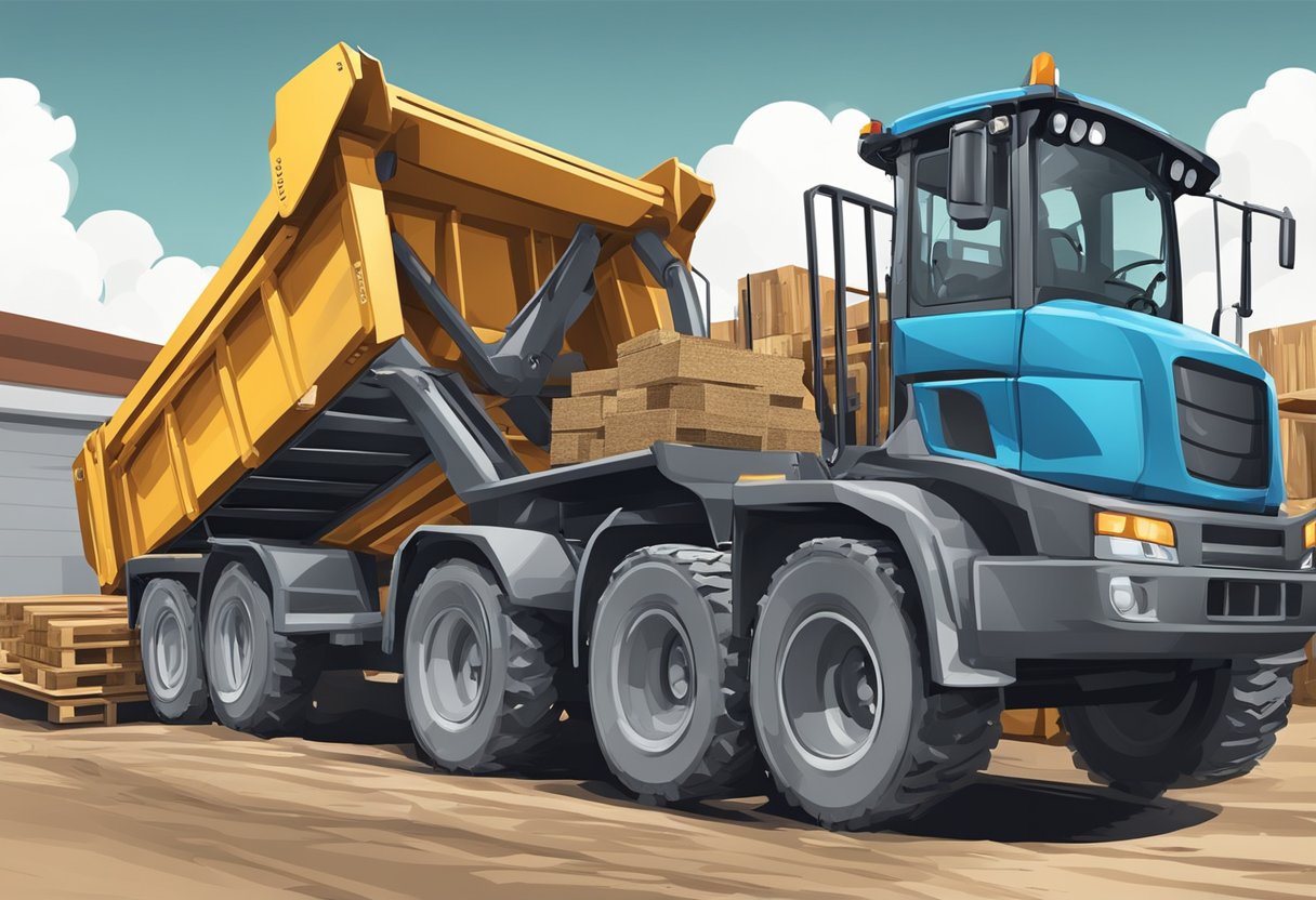 A loader bucket equipped with pallet forks is lifting a heavy load of materials onto a truck bed