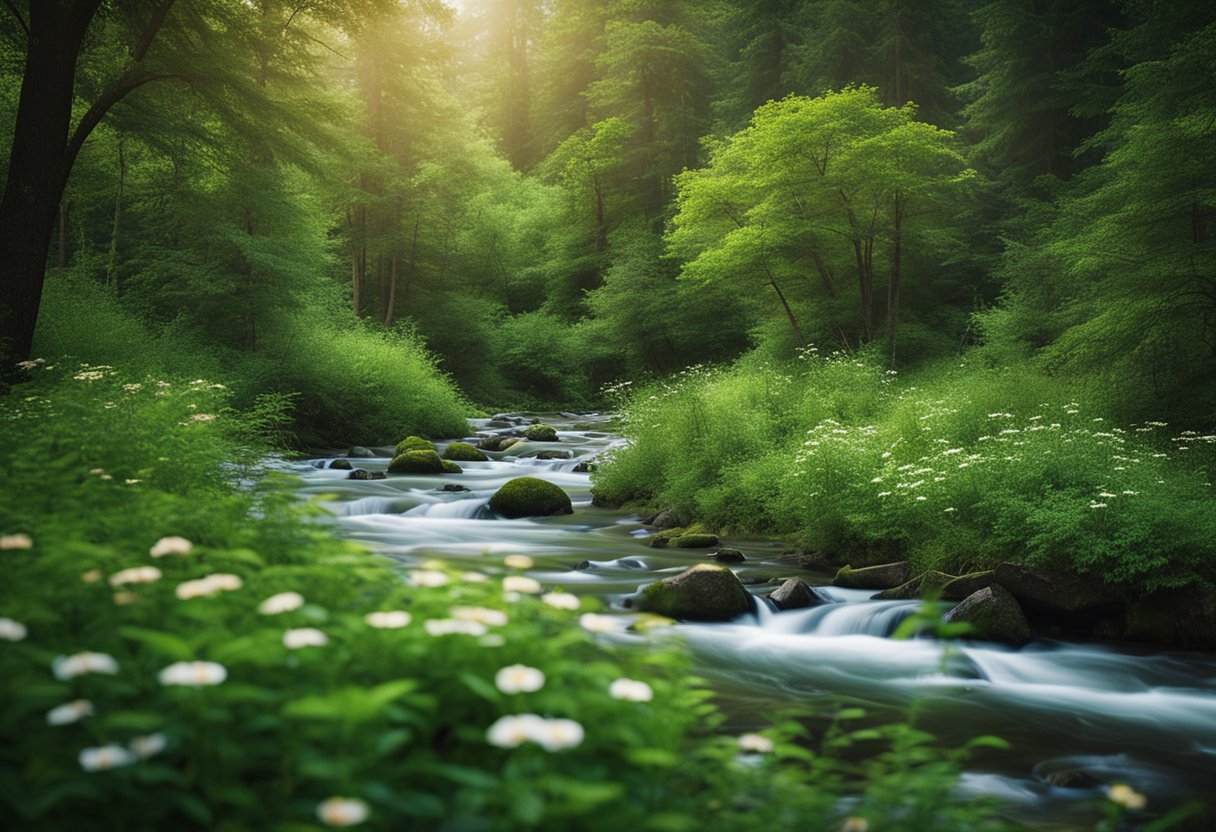 A serene forest with a flowing river, surrounded by lush greenery and vibrant wildflowers, exuding a sense of calm and healing energy