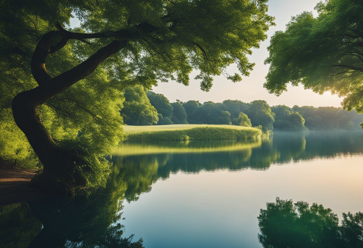 A serene landscape with a peaceful atmosphere, featuring a clear blue sky, lush greenery, and a calm body of water