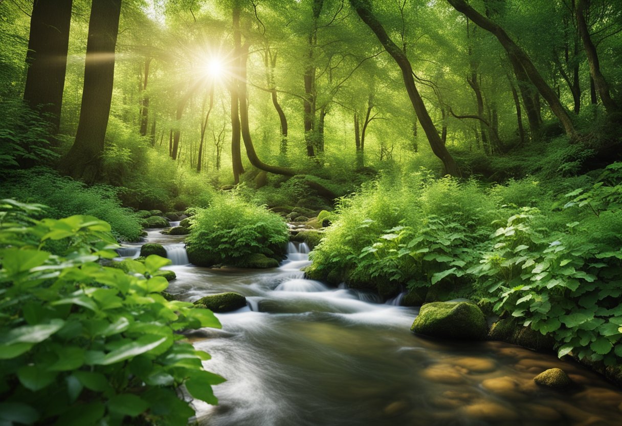 A serene forest clearing with vibrant green foliage and a flowing stream, surrounded by medicinal herbs and plants used for prostate health