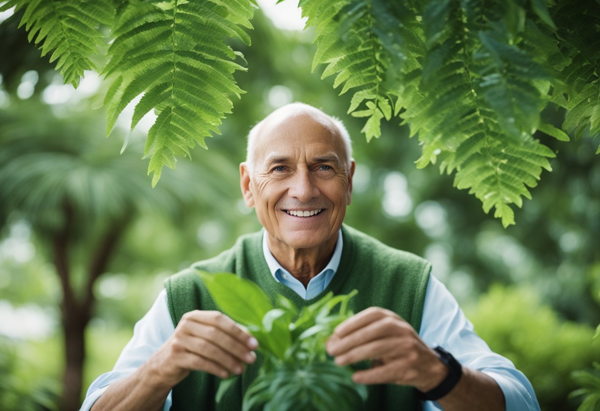 Lush green plants surrounding a prostate cancer patient, symbolizing natural cure and relief from pain and discomfort