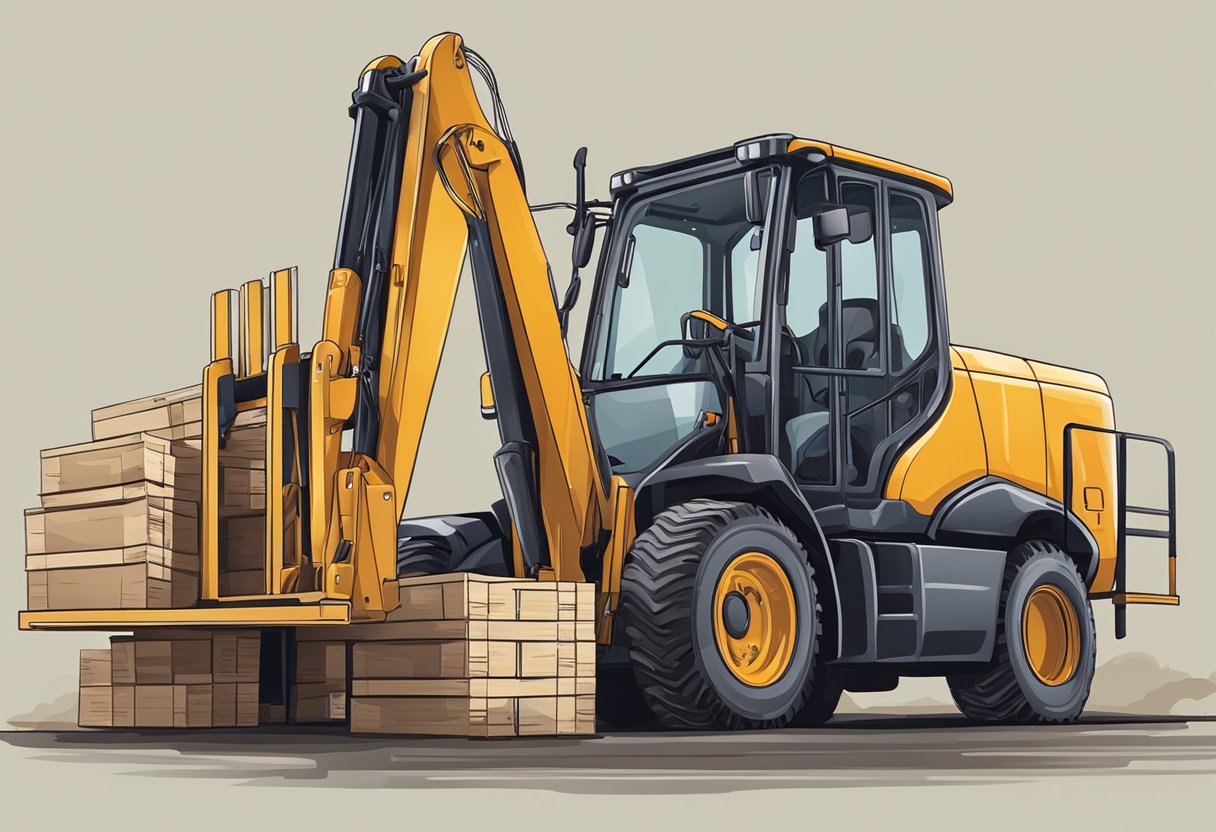 A backhoe lifts forks to load pallets onto a truck